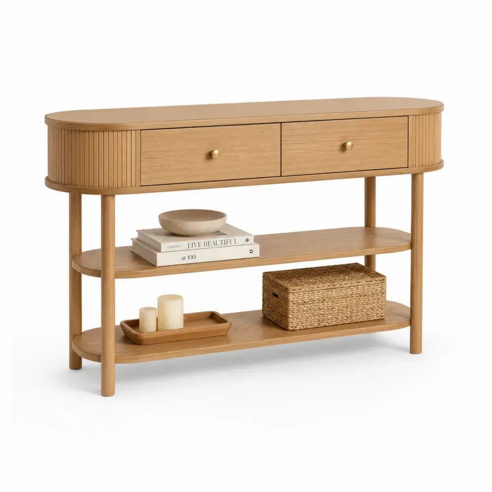 Konsolentisch mit 2 Schubladen 2 Ablagen 120 x 35 x 80 cm MDF Eichenfurnier Kautschukholz Naturbraun
