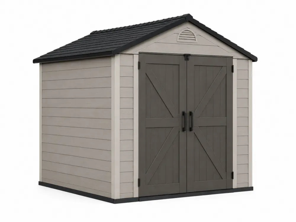 Gartenschuppen Gerätehaus mit Doppeltür Satteldach rechteckig Polypropylen verzinkter Stahl Beige Grau Schwarz 244 x 183 x 221 cm