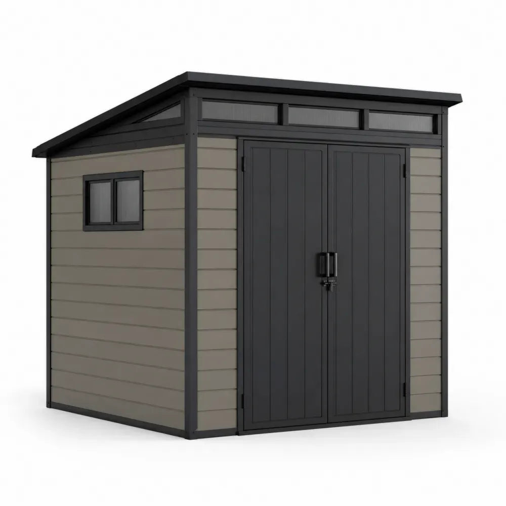Gartenschuppen Gerätehaus mit Doppeltür Fenster Pultdach rechteckig Polypropylen verzinkter Stahl Beige-Grau Anthrazit Schwarz 244 x 218 x 226 cm