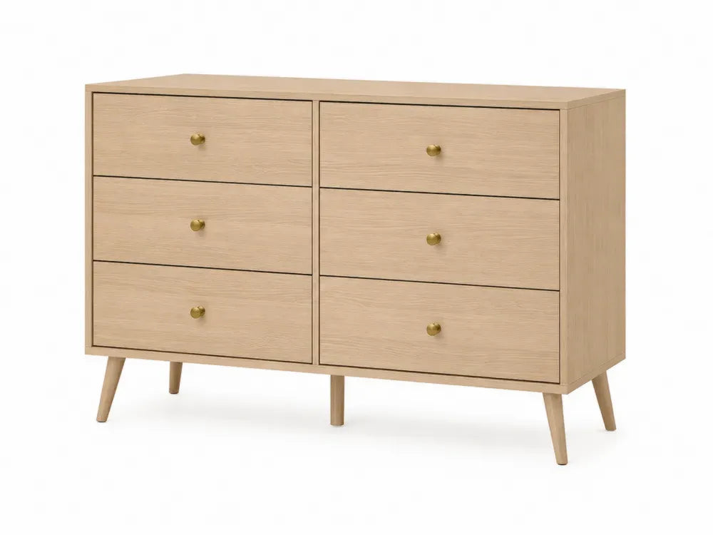 Kommode mit 6 Schubladen rechteckig 120 x 40 x 78 cm MDF mit Eichenfurnier Zinklegierung Naturholzfarben Goldfarben