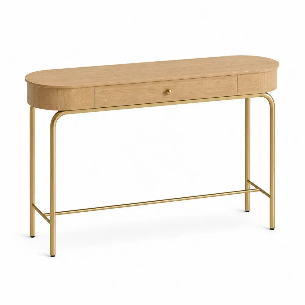 Konsolentisch mit Schublade 120 x 35 x 80 cm MDF Eichenfurnier Stahlgestell abgerundete Rechteckform Naturbraun Goldfarben