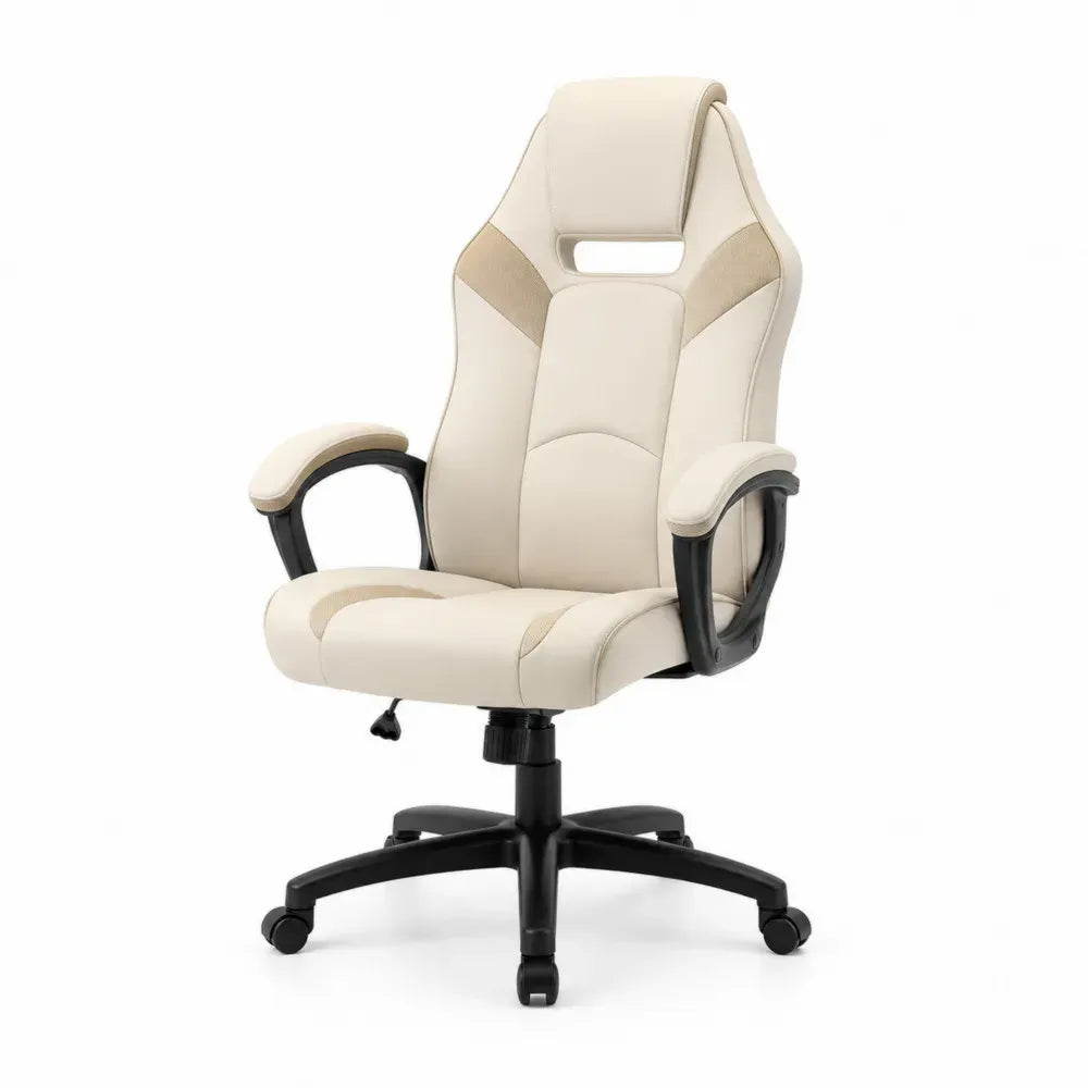 Bürostuhl Gamingstuhl Drehstuhl mit hoher Rückenlehne und Armlehnen 66 x 68 x 118-128 cm PU-Kunstleder Polyester-Mesh Nylon Stahl beige schwarz