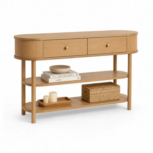 Konsolentisch mit 2 Schubladen 2 Ablagen 120 x 35 x 80 cm MDF Eichenfurnier Kautschukholz Naturbraun