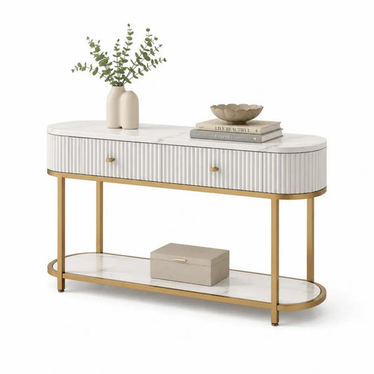 Konsolentisch mit 2 Schubladen 120 x 35 x 80 cm MDF Marmoroptik pulverbeschichteter Stahl abgerundet Weiß Gold Grau