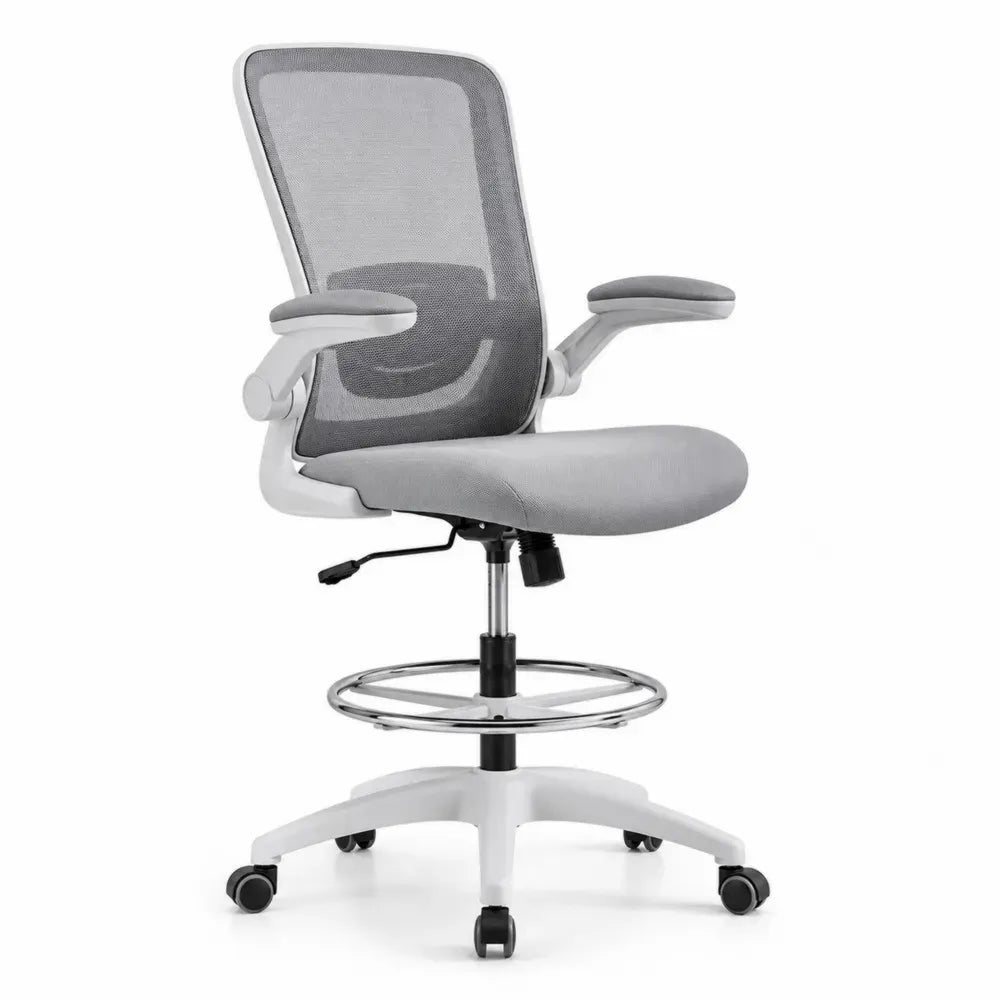 Bürostuhl Drehstuhl mit rundem Fußring höhenverstellbar 64 x 64 x 105-125 cm Polyester Netzgewebe PP Stahl grau weiß
