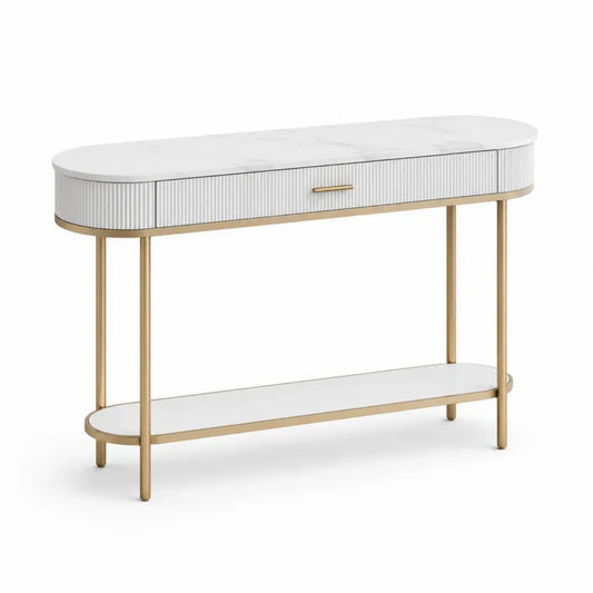 Konsolentisch mit Schublade und Ablage 120 x 35 x 80 cm MDF Melaminharz Stahl abgerundete Rechteckform Weiß Goldfarben