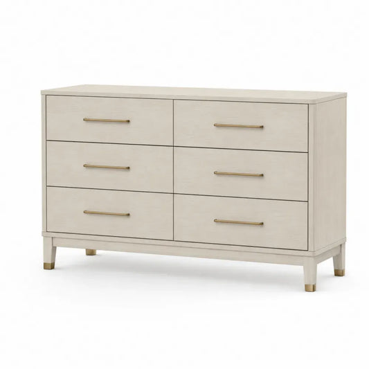 Kommode mit 6 Schubladen rechteckig 140 x 45 x 78 cm MDF Spanplatte Melaminharz beige messingfarben