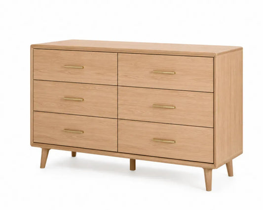 Kommode mit 6 Schubladen rechteckig 120 x 40 x 78 cm MDF Melaminharz Kautschukholz eichefarben goldfarben