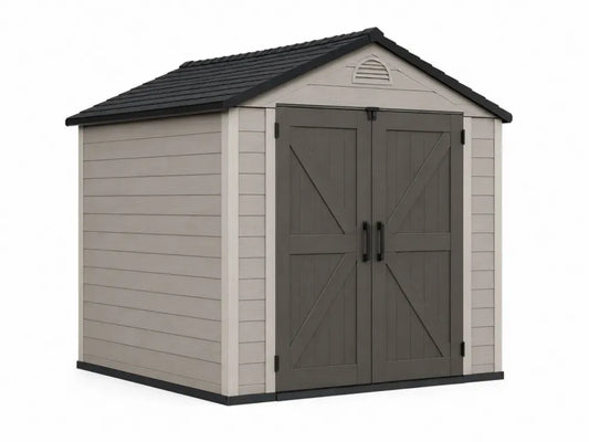 Gartenschuppen Gerätehaus mit Doppeltür Satteldach rechteckig Polypropylen verzinkter Stahl Beige Grau Schwarz 244 x 183 x 221 cm