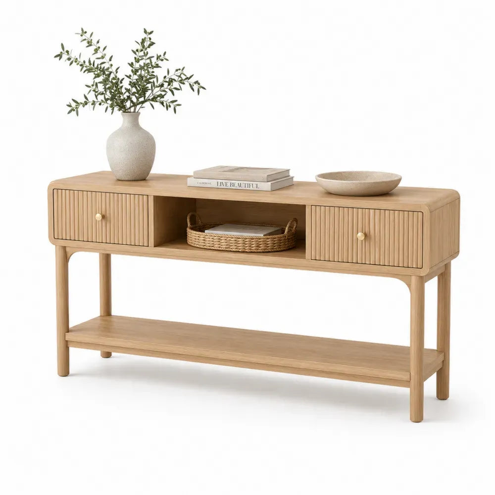 Konsolentisch mit 2 Schubladen und Ablagen 120 x 35 x 80 cm MDF Eichenfurnier Kautschukholz rechteckig Naturbraun Goldfarben