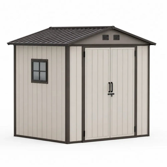 Gartenschuppen Gerätehaus mit Doppeltür Fenster und Satteldach aus Polypropylen Beige Anthrazit 214 x 130 x 185 cm