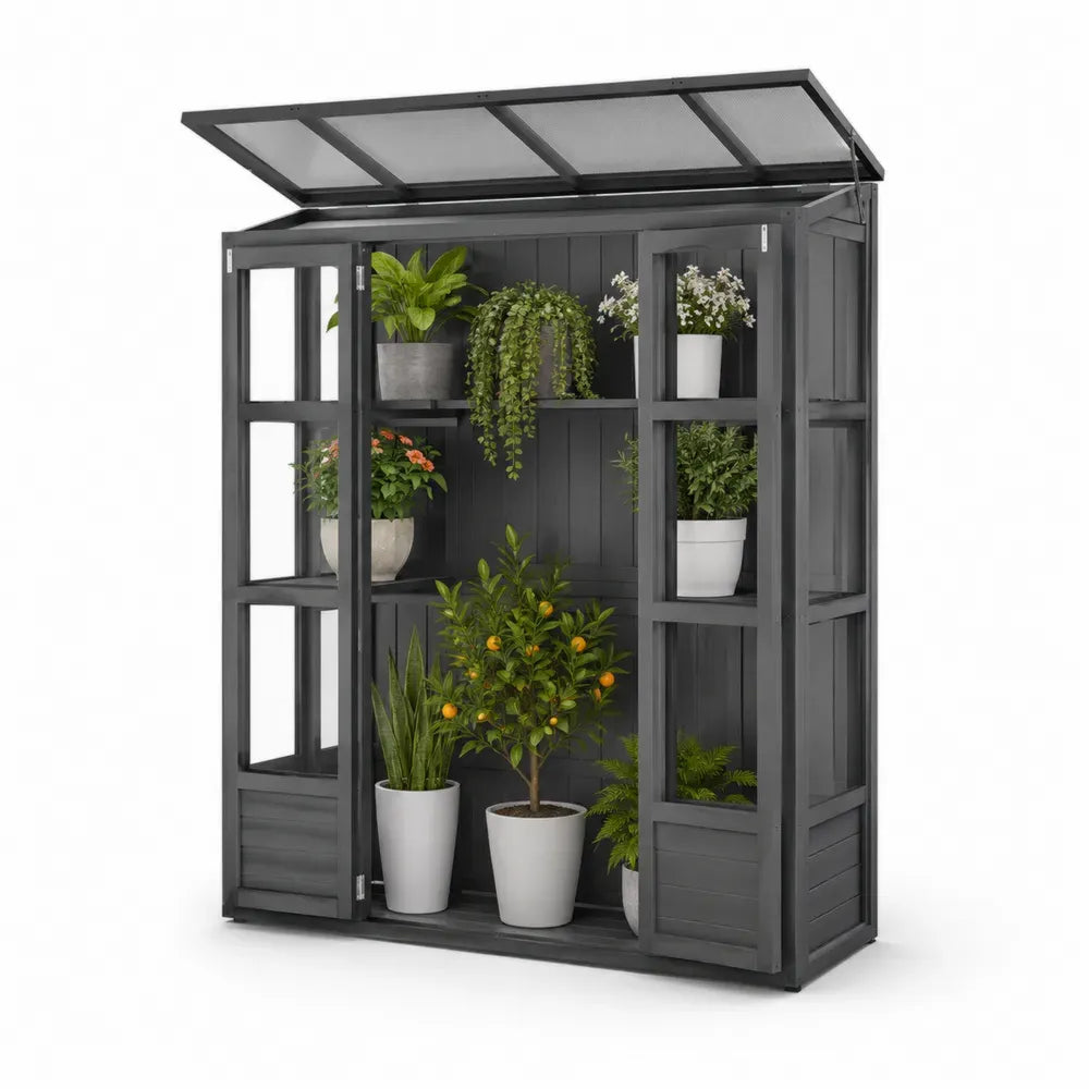 Gartenschrank Gewächshaus mit Flügeltüren Regalen Pultdach aus lackiertem Tannenholz und Polycarbonat Dunkelgrau 143 x 73 x 195 cm