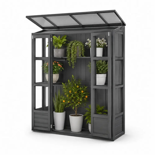 Gartenschrank Gewächshaus mit Flügeltüren Regalen Pultdach aus lackiertem Tannenholz und Polycarbonat Dunkelgrau 143 x 73 x 195 cm