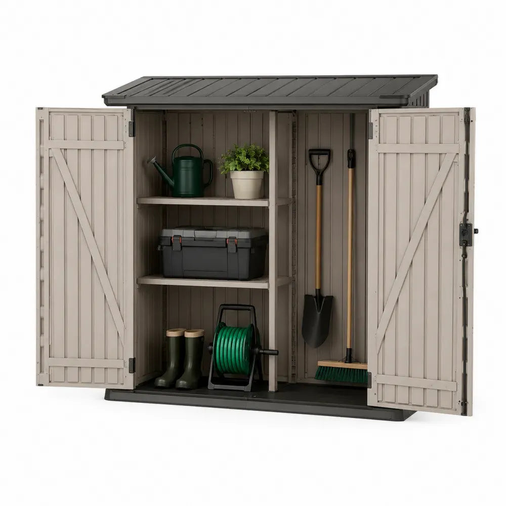 Gartenschrank Gerätehaus mit Doppeltür Regalböden aus PP Kunststoff Beige Anthrazit 178 x 90 x 172 cm