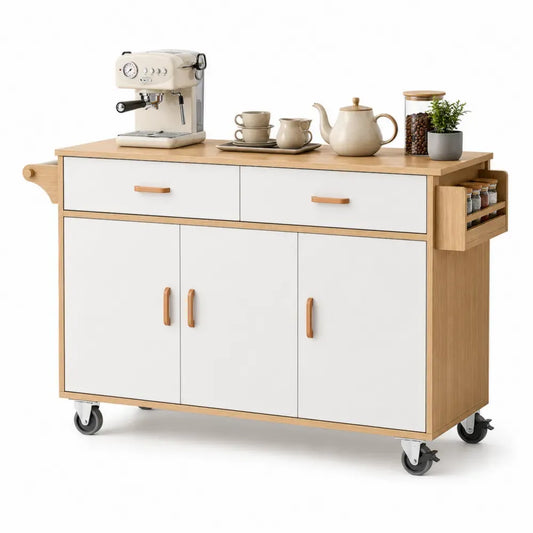 Küchenwagen Rollwagen mit 2 Schubladen 3 Türen Seitenregal und Rollen rechteckig 115 x 45 x 88 cm MDF Melaminharz weiß naturfarben schwarz