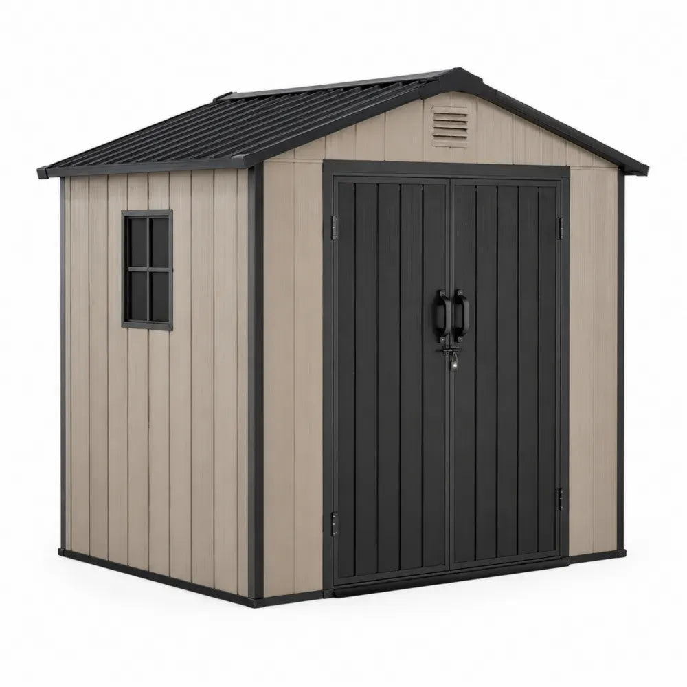 Gartenschuppen Gerätehaus mit Doppeltür Fenster Satteldach rechteckig Polypropylen Beige Anthrazit Schwarz 2.14 x 1.30 x 1.85 m