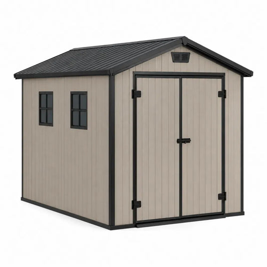 Gartenschuppen Gerätehaus mit Doppeltür zwei Fenstern Lüftung und Satteldach Polypropylen verzinkter Stahl Beige Anthrazit Schwarz 244 x 213 x 228 cm